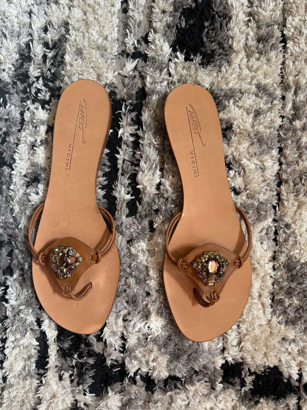Vicini Tan Leather Crystal Embellished Thong Flat Sandals Size 41